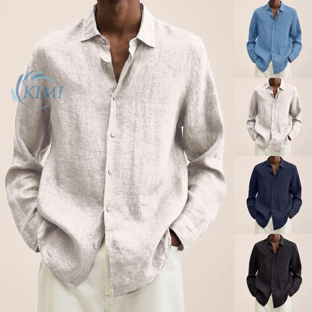 KIMI-Mens Long Sleeve Soild Buttons Cotton Linen Casual Loose Tops Shirt Plus Size