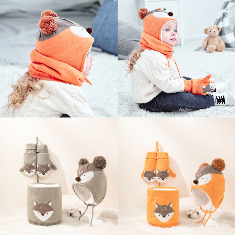 Set 3 Món Mũ Len + Găng Tay + Khăn Choàng + Găng Tay + Mũ Dệt Kim Giữ Ấm Mùa Đông Họa Tiết Hoạt Hình Cho Bé