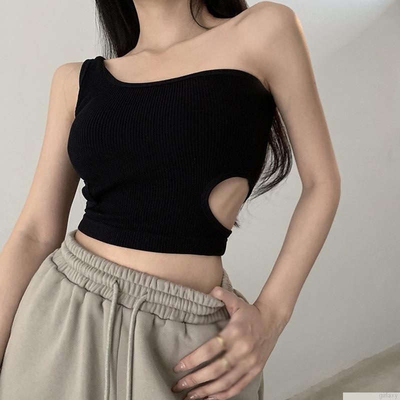 Áo kiểu croptop không tay màu trơn có đệm ngực thiết kế bất đối xứng quyến rũ độc đáo dành cho nữ