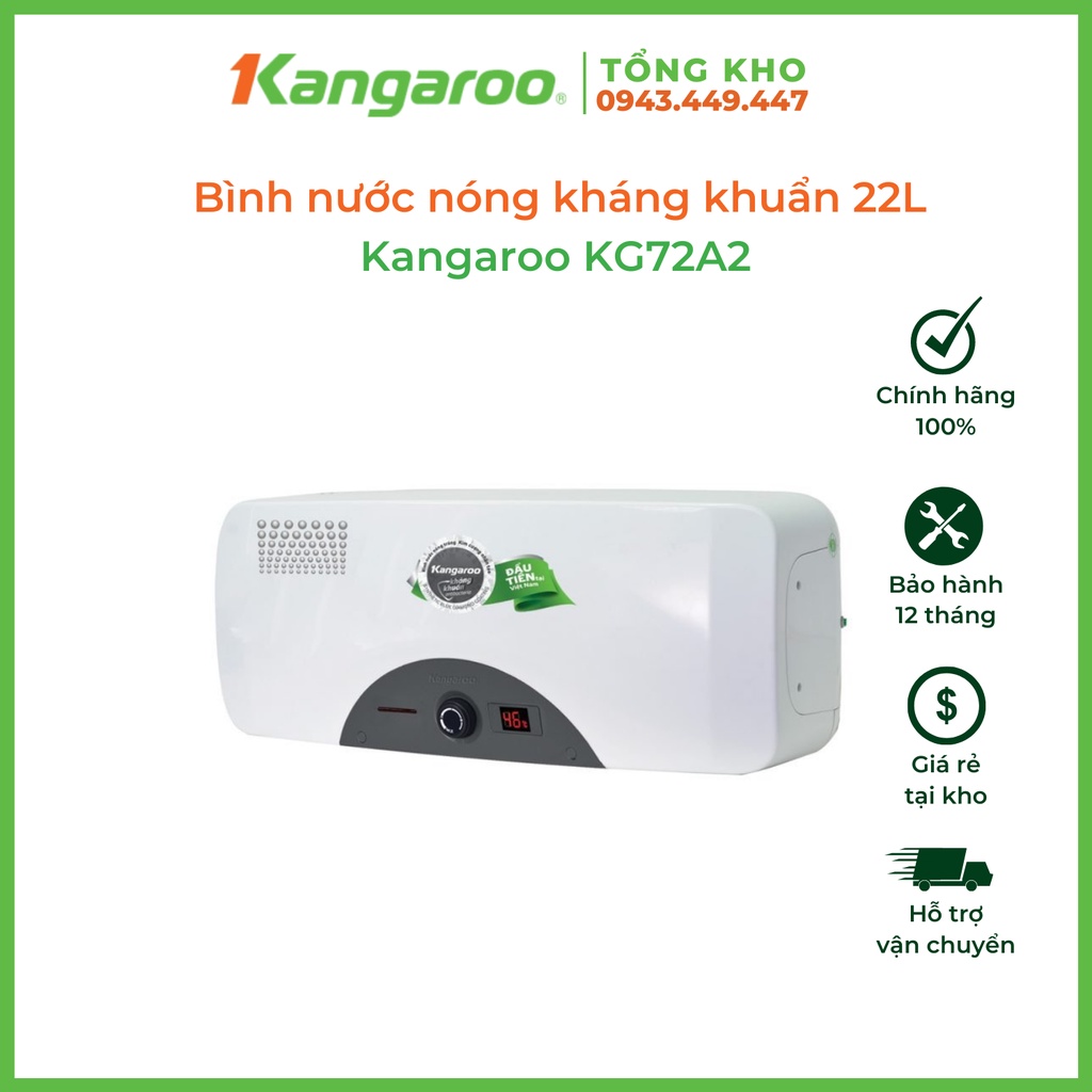Bình nước nóng kháng khuẩn 22L Kangaroo KG72A2, công suất 2500W, đun nóng 30 phút cho nhiệt tối đa 75°C