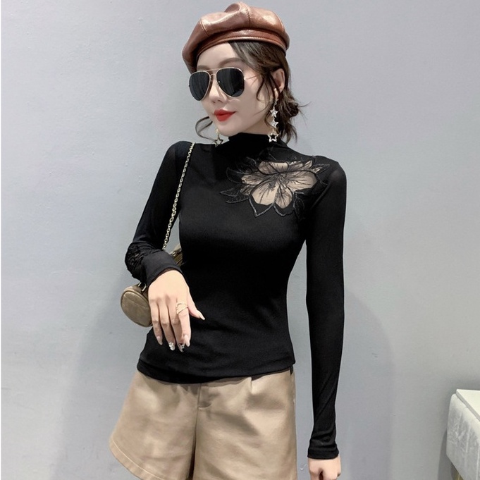 Áo lưới dài tay vải lông cừu Cổ Cao Phối Ren Phong Cách Mới