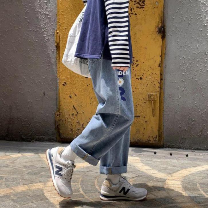 Quần Jeans Ống Rộng Hoa Cúc Nam Nữ Cạp Chun Phong Cách HIPHOP STREETWEAR Ulzzang Style dễ phối đồ  ཾ ་
