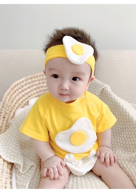 Bộ Đồ Liền Thân Dài Tay In Hình Quả Trứng+Băng Đô Cho Bé