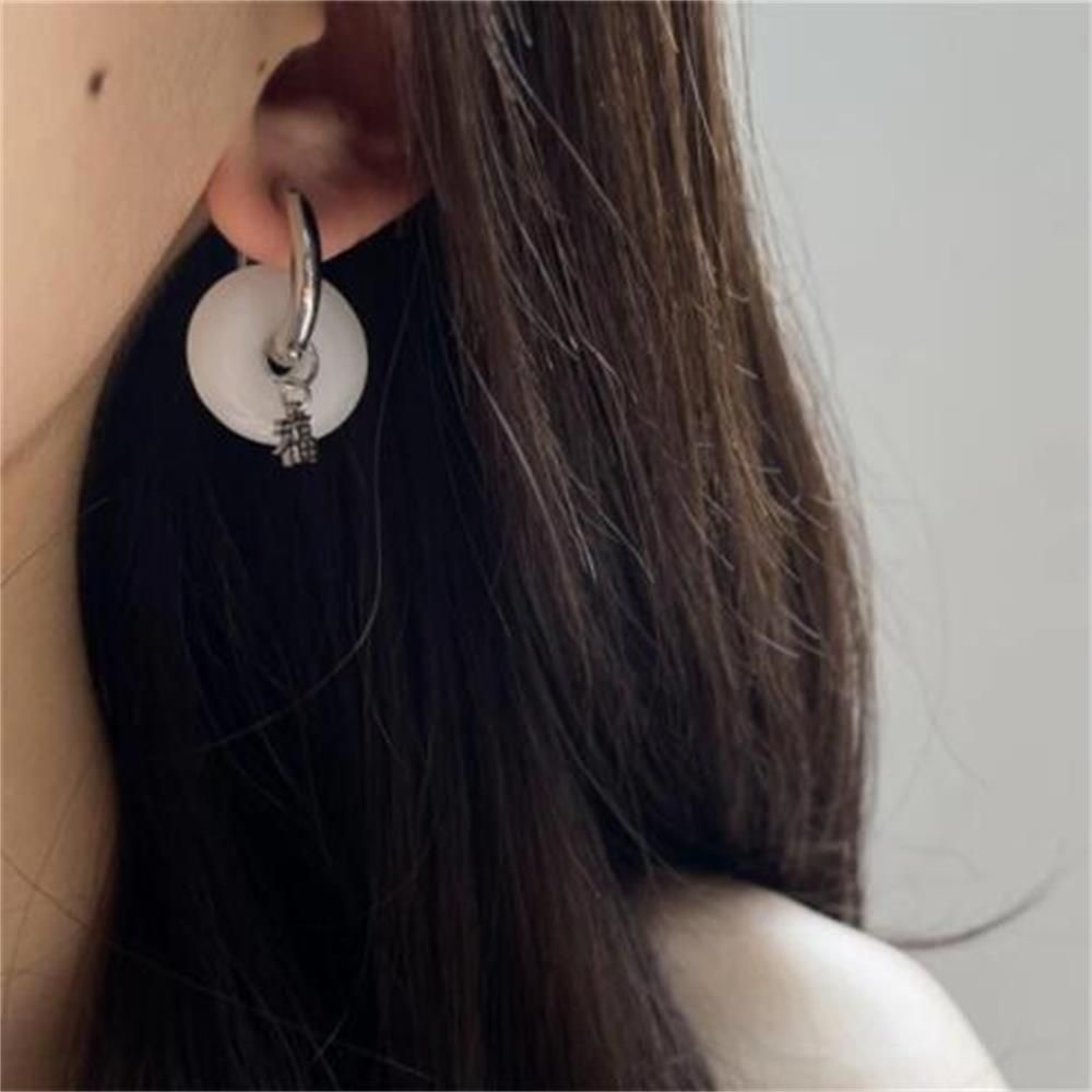 Khuyên tai tròn bằng thép không gỉ và đá ngọc bích phong cách vintage thời trang tinh tế cho nữ