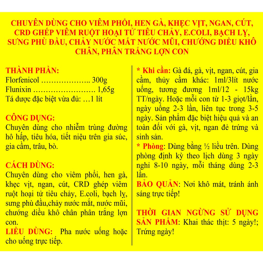 1 lọ FLO-FLU-LA 10ml Chuyên dùng cho gà đá mắc viêm phổi, hen, CRD, viêm ruột, chướng diều khô chân, phân trắng
