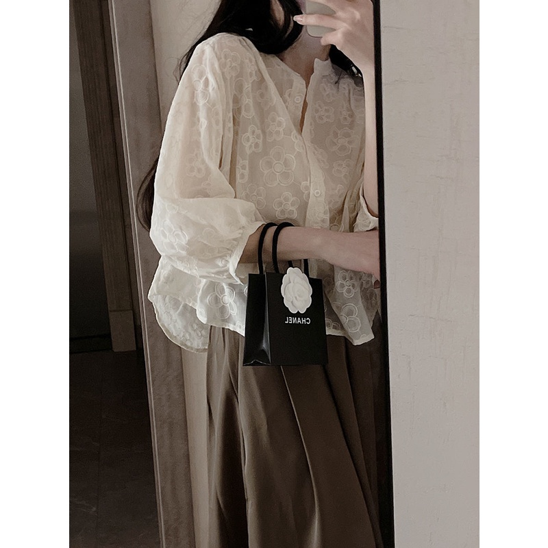 Áo Sơ Mi cotton Lanh Cổ Chữ V Thêu Họa Tiết Phong Cách retro Hàn Quốc Thời Trang