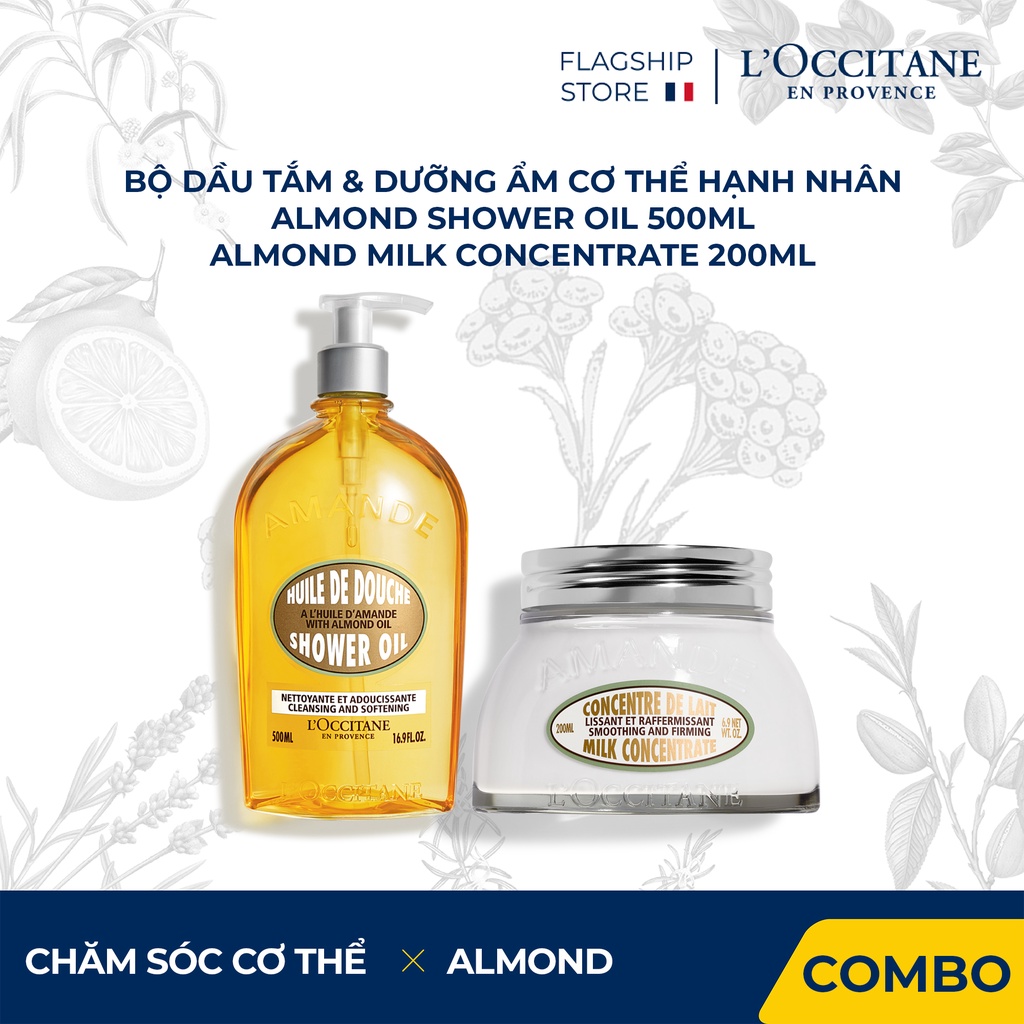Dầu tắm Almond shower oil 500ml và dưỡng ẩm cơ thể hạnh nhân Almond Milk Concentrate 200ml L'Occitane