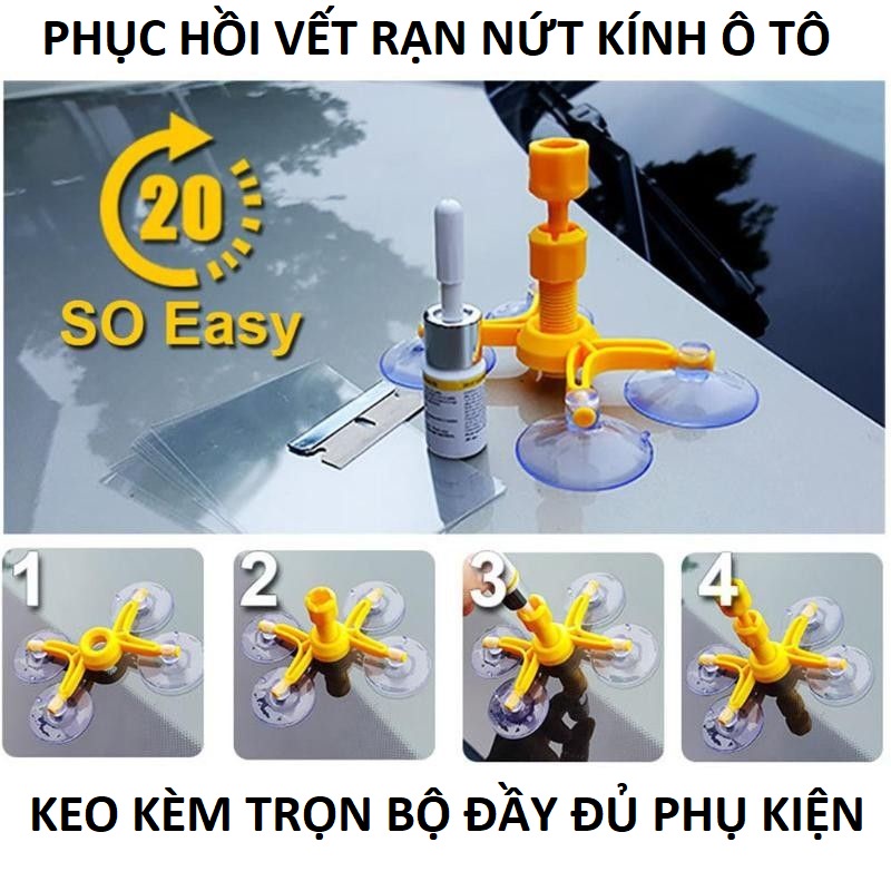 Bộ Keo Xử Lý phục hồi vết rạn nứt kính ô tô xe hơi như mới kèm phụ kiện loại tốt, keo gắn kính ô tô
