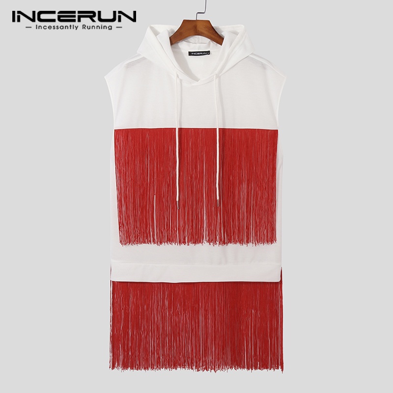 Áo hoodie INCERUN sát nách màu trơn tua rua thời trang cho nam