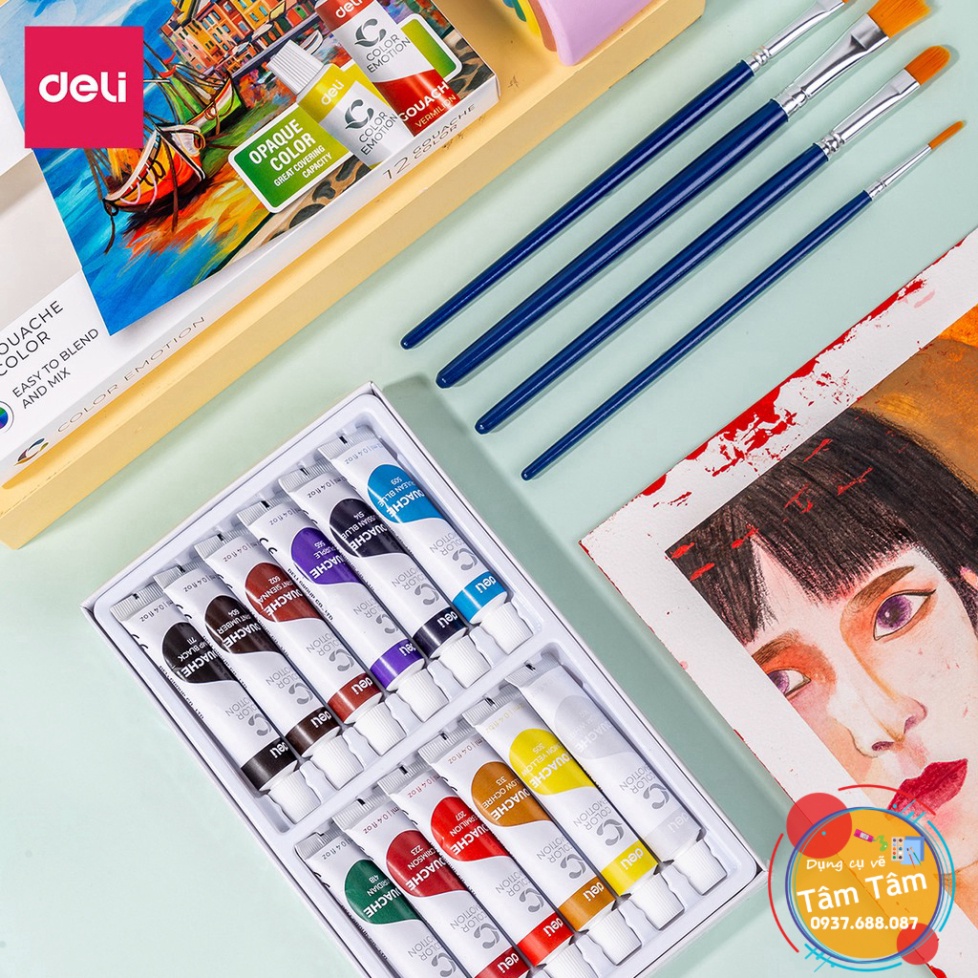 [ TÂM TÂM ]-Màu Gouache dạng tuýp 12ml Deli Mã hàng EC11, Màu Deli -