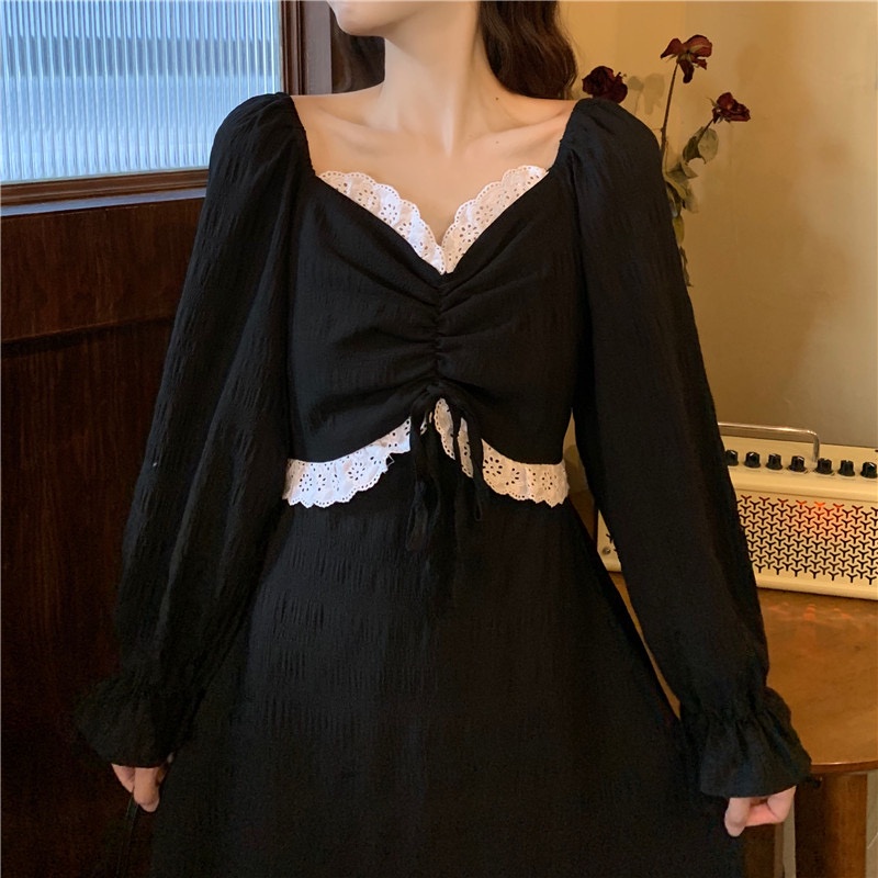 Đầm Nữ Phối Ren Dáng Ôm Phong Cách Retro Hàn Quốc Dễ Thương