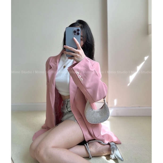 Váy kaki nâu kèm belt - blazer hồng oversize