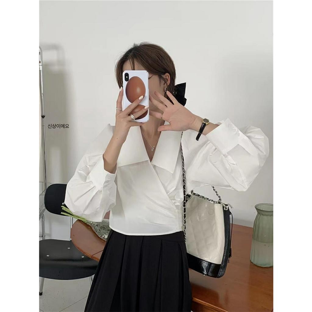 62224 Áo Sơ Mi Ngắn Thắt Nơ Chéo Màu Trơn Cỡ Lớn Kiểu Pháp