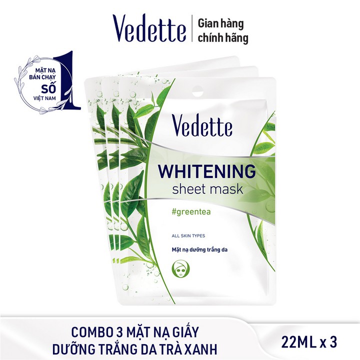 Combo 3 Mặt nạ giấy dưỡng trắng da trà xanh Vedette 22ml x 3