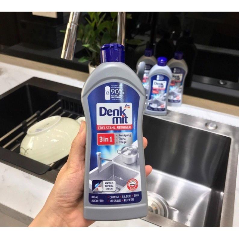 Chai dung dịch Tẩy Rửa Inox đánh bóng xoong nồi Denkmit 3in1 Edelstahlreiniger 300 ml -Nhập Khẩu Đức