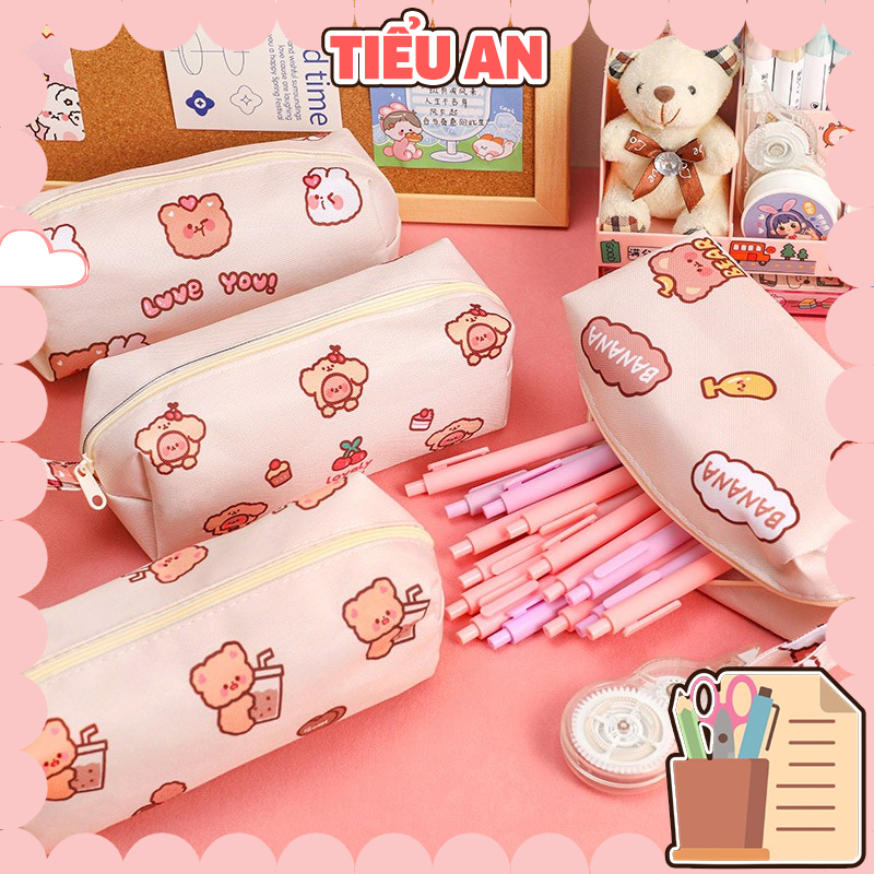 Bóp viết vải hoạ tiết Gấu và thỏ màu hồng nhạt xinh xắn - Dài 16 cm