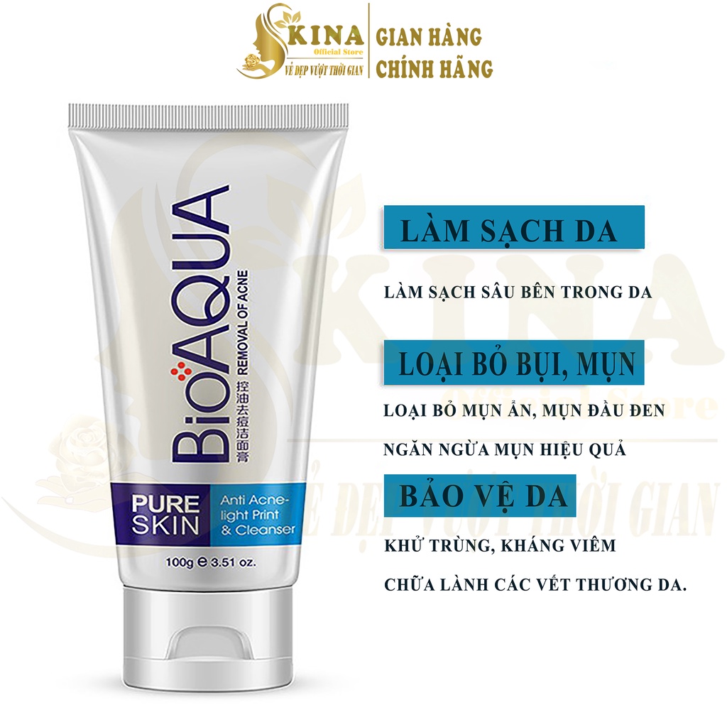 Sữa rửa mặt BIOAQUA Pure Skin Anti Acne Cleanser sạch bã nhờn kiểm soát dầu nội địa trung SKINA 100g