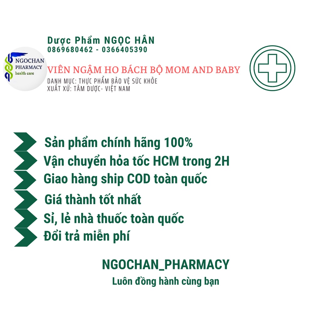 Viên Ngậm Ho Bách Bộ Mom and Baby| Giảm Ho, Rát Họng| Vỉ x 6 viên|Tâm Dược