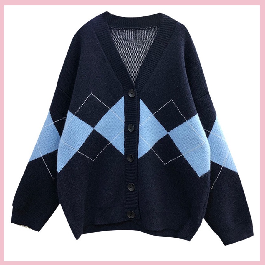 Áo khoác cardigan dáng rộng hoạ tiết kim cương áo khoác len phong cách Hàn Quốc