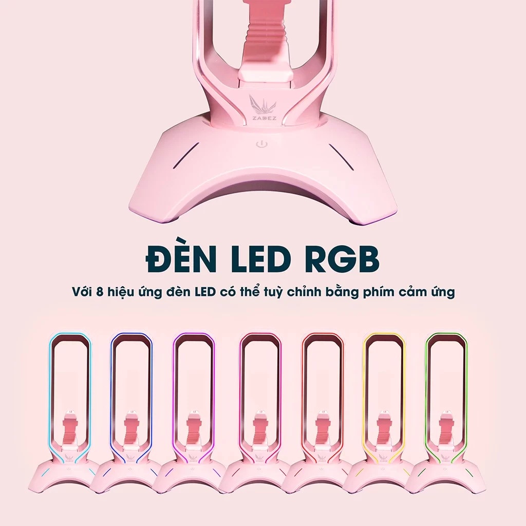 Đế Treo Tai Nghe Cao Cấp Màu Hồng Đèn LED RGB kiêm Mouse Bungee và Hub USB 3.0 ZADEZ ZHS-701GP PINK - Hàng chính hãng