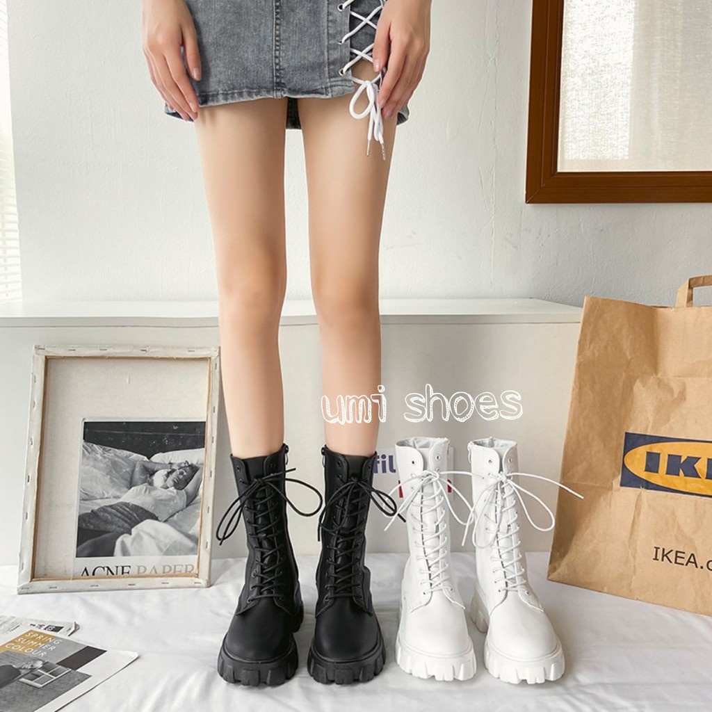 Boot ulzzang cao cổ 20cm buộc dây kéo khóa đế cao 5.5cm màu đen/trắng cá tính đẹp mới xinh thời trang