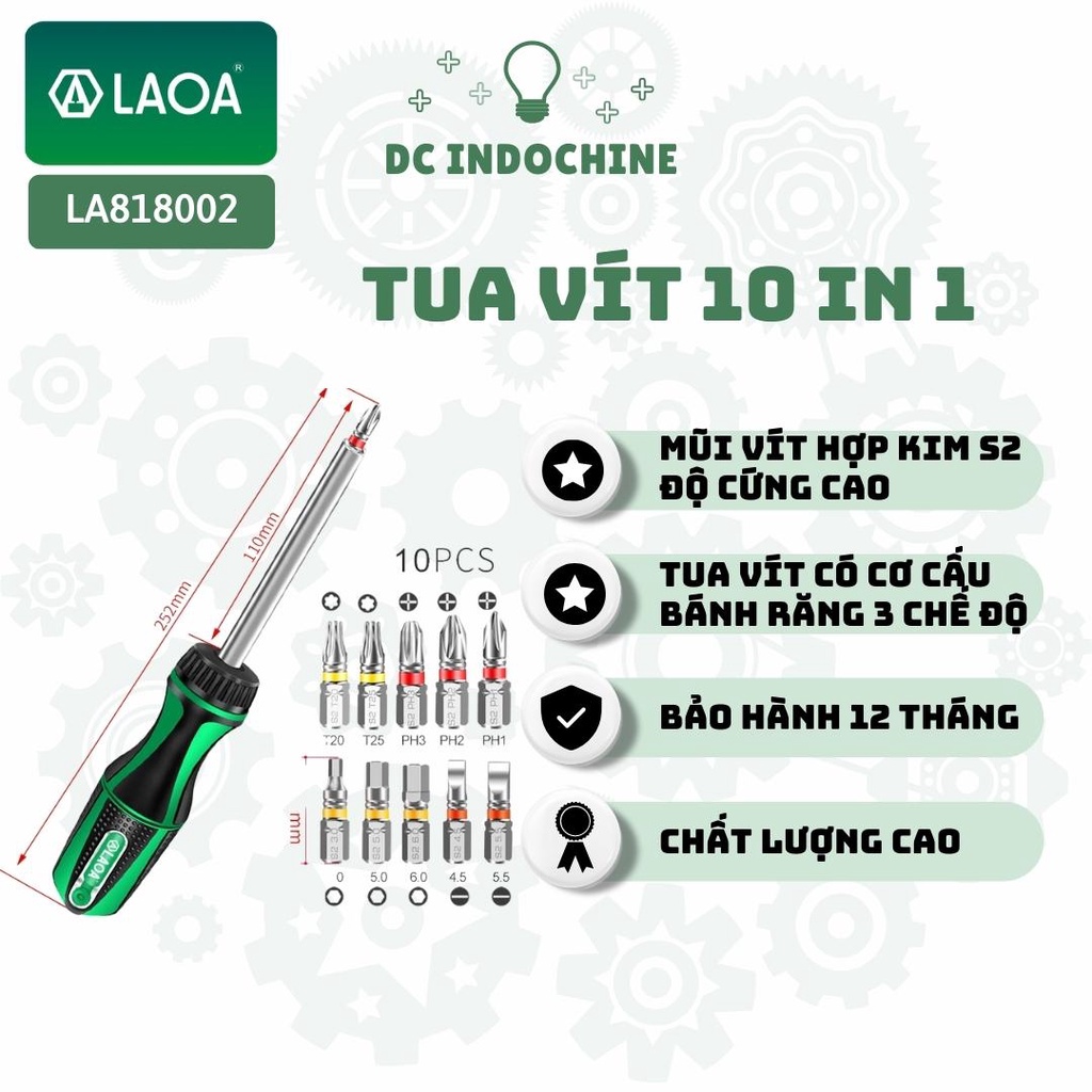 Bộ tua vít đa năng 10 trong 1 LAOA LA620010, thép hợp kim S2 siêu cứng, hàng chính hãng