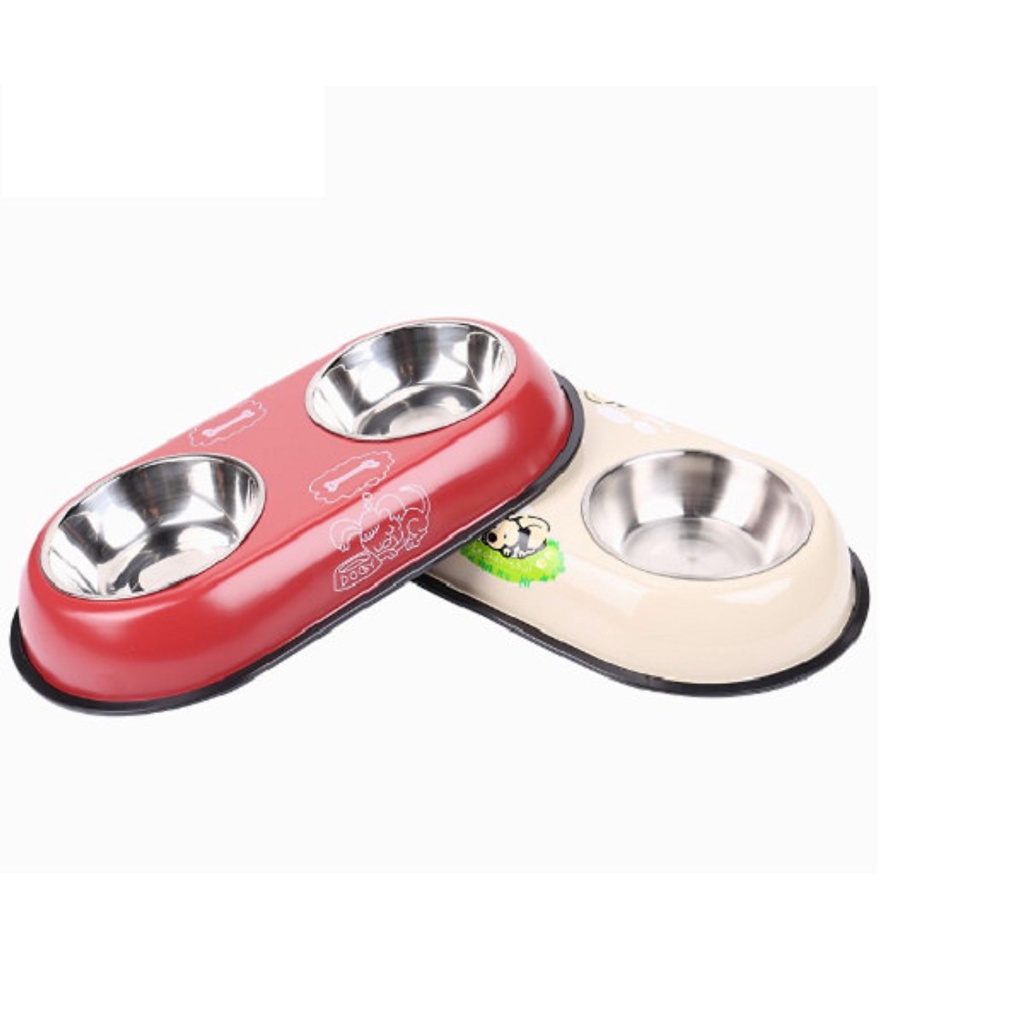 Bát ăn 2 ngăn/ Tô đôi/ Chén lòng inox tháo rời dễ dàng vệ sinh, khay bát có lót viền cao su chống trơn trượt cho chó mèo