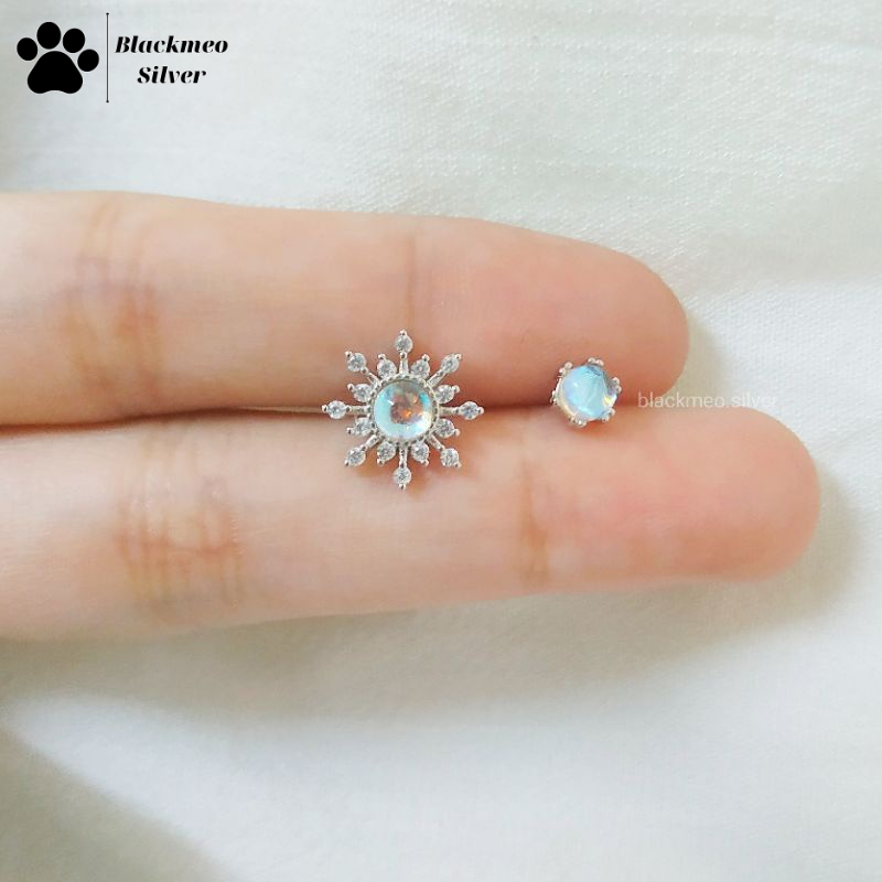 Bông tai bạc đá Moonstone nhân tạo hình hoa tuyết, bông tai bạc nữ Blackmeo