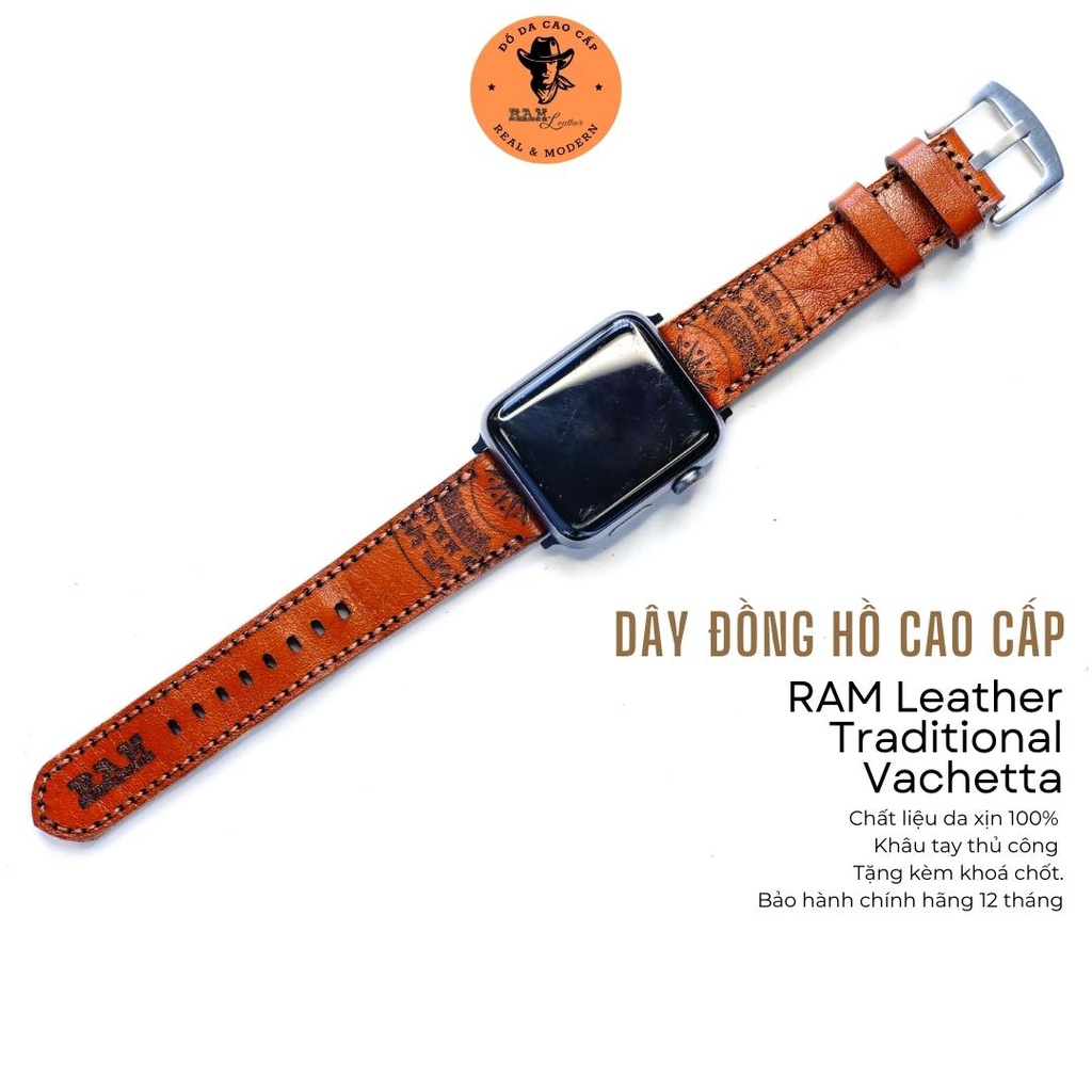 Dây đồng hồ Apple Watch , Iwatch , Iphone Watch Da Bò Veg Ý Nâu Đỏ Trống Đồng Việt Nam - Chính hãng RAM Leather  Bền Đẹp