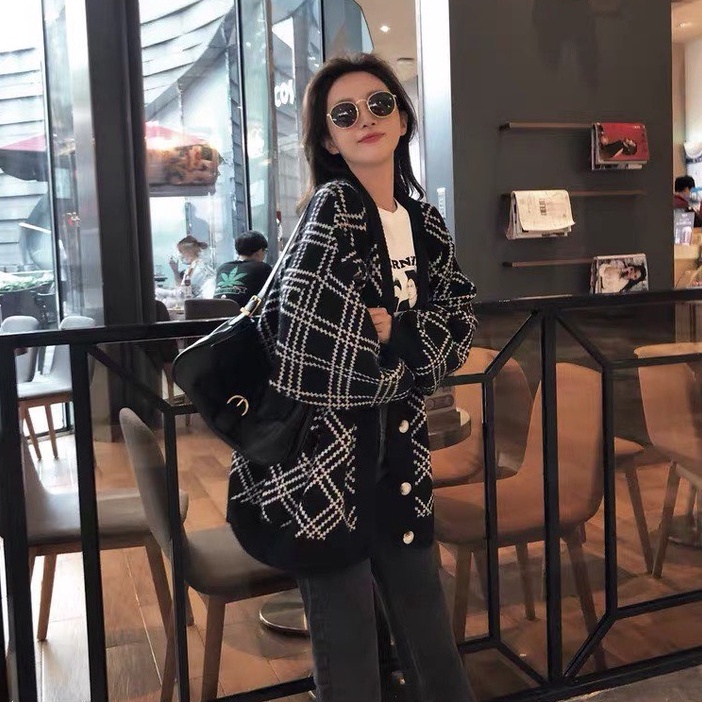 Áo Khoác Len Cardigan Nữ Họa Tiết Kẻ Ô Chèo Phong Cách Hàn Quốc
