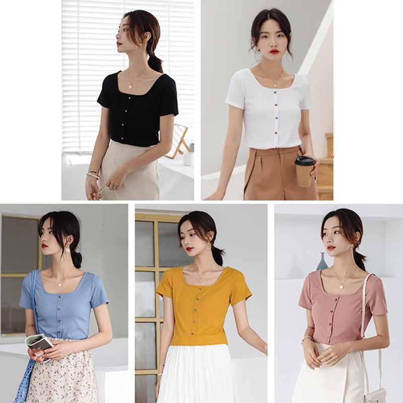 Xiaozhainv Áo thun nữ tay ngắn màu trơn đáng yêu