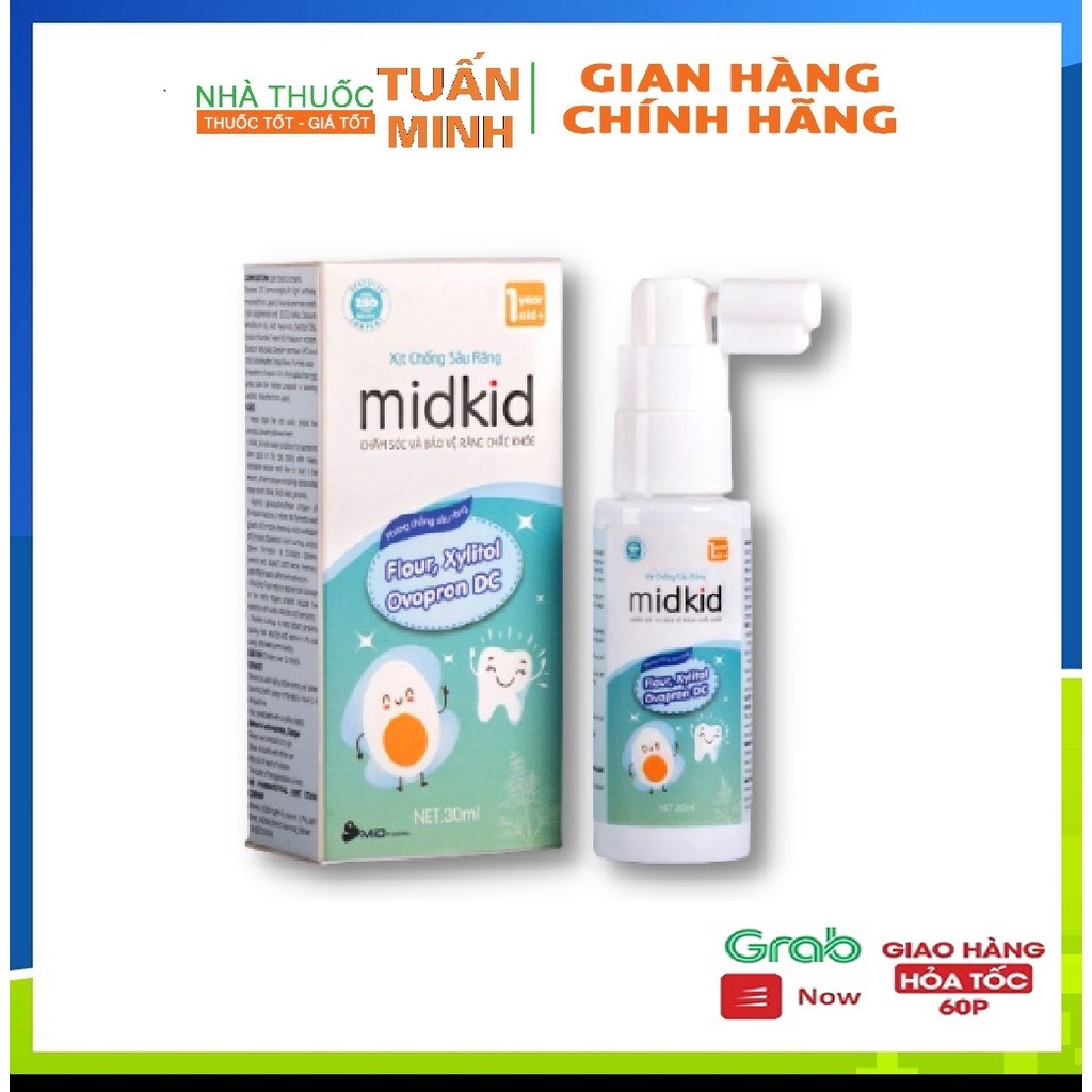 Xịt chống sâu răng Midkid-  dành cho trẻ em từ 1 tuổi, ngăn ngừa mòn men răng, ố vàng, sún răng, viêm lợi (lọ 30ml)