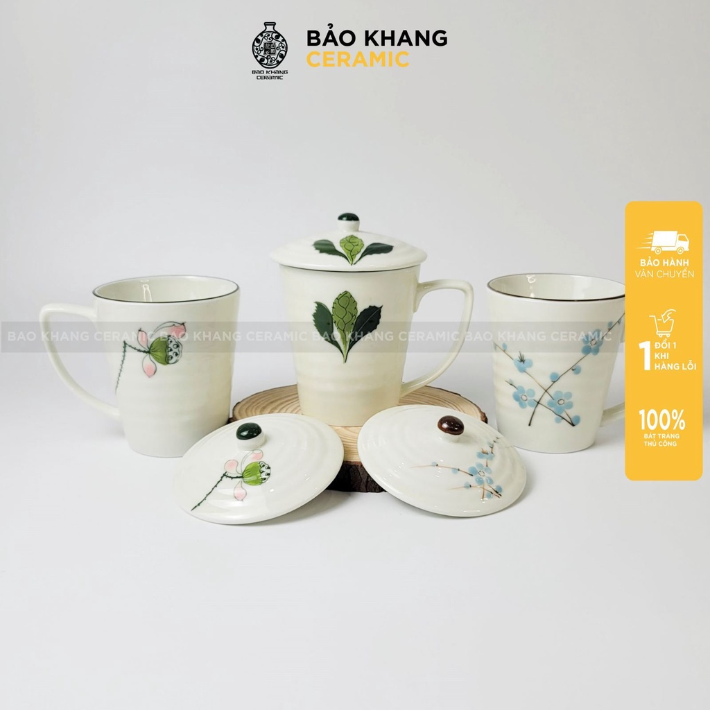 Cốc uống nước - tách uống trà có nắp họa tiết vẽ tay ly Gốm Sứ Bát Tràng