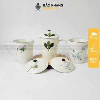 Cốc uống nước - tách uống trà có nắp họa tiết vẽ tay ly Gốm Sứ Bát Tràng