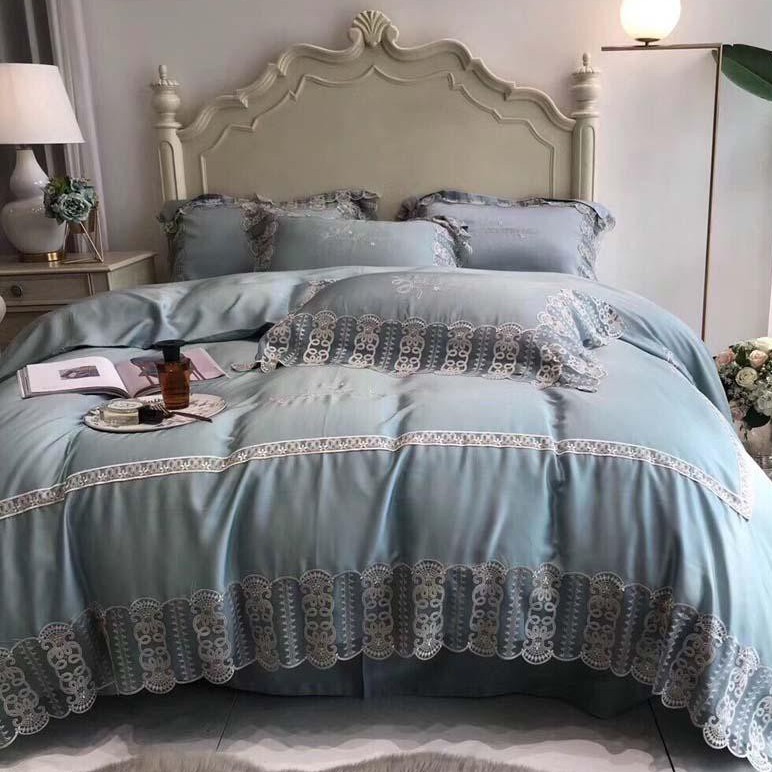 Bộ Chăn Ga Gối Lụa Tencel Rangu Lidaco Thêu Ren 80s Cao Cấp - Xanh Trầm Bích