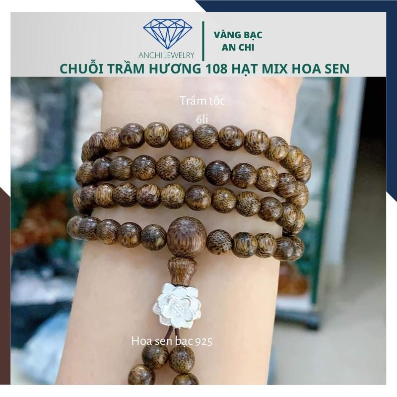 Vòng tay trầm hương 108 hạt mix charm hoa sen bạc cho nữ - size 6 8mm, Anchi jewelry