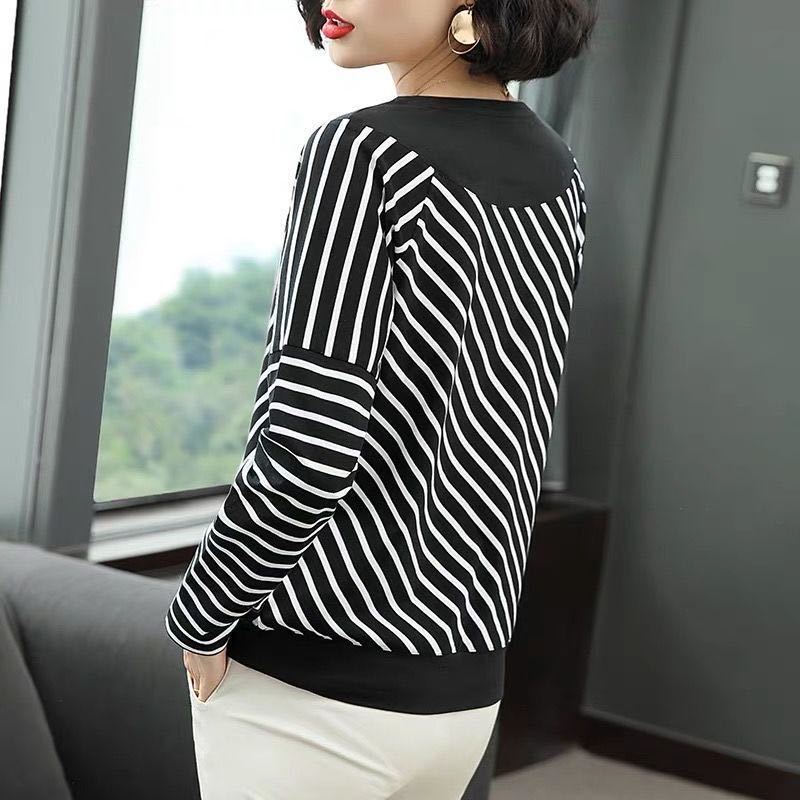 Áo Thun Tay Dài Dáng Rộng Plus Size Họa Tiết Kẻ Sọc Dành Cho Phụ Nữ Trung Niên