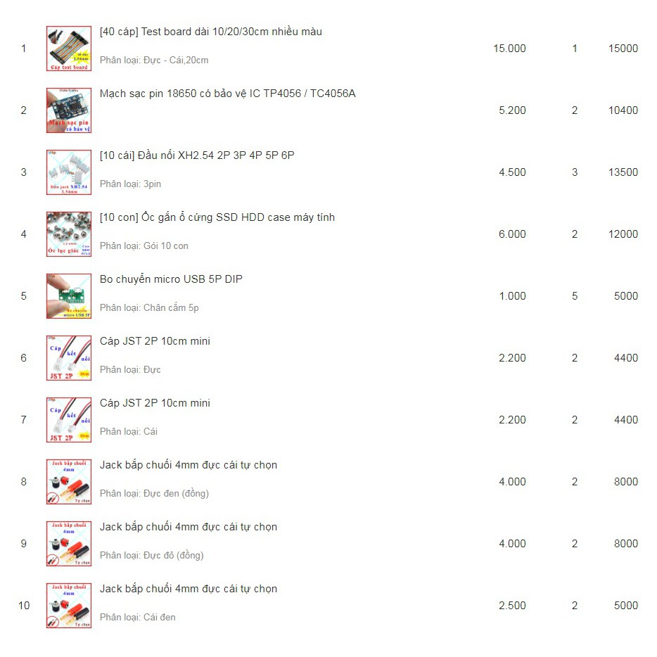 [Combo] Mạch sạc pin 18650 + Cáp JST + Jack bắp chuối + Thiếc hàn + Đế pin 18650 + Bo Micro USB DIP