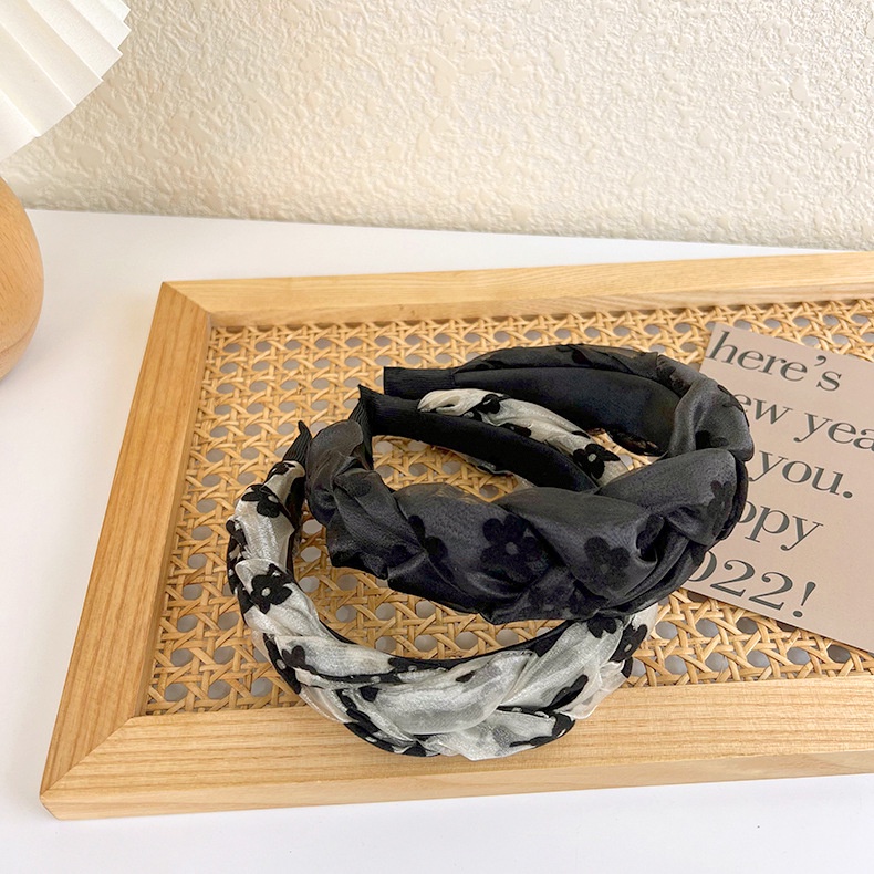 Băng đô bản rộng Haimeikang vải nhung phối lưới họa tiết hoa thời trang retro cao cấp