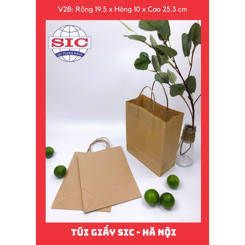 [SET 100 CHIẾC] TÚI GIẤY KRAFT V2B: 19.5x10x25.3cm CÓ QUAI (ẢNH THẬT)