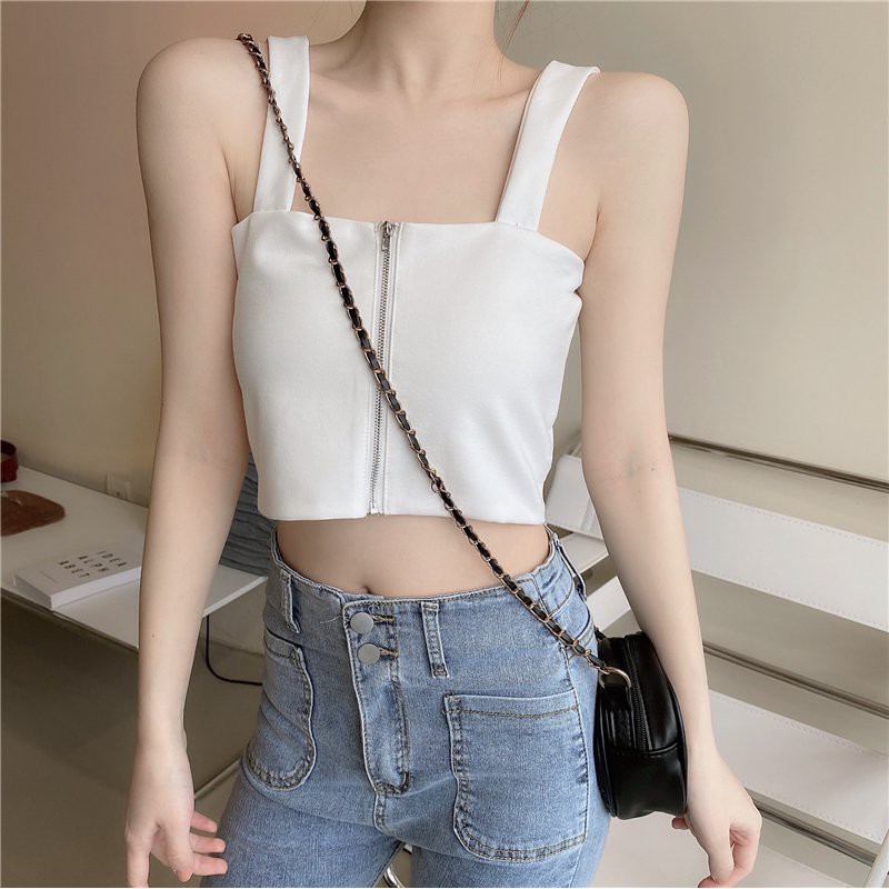 Áo croptop hai dây bản to khóa kéo sau
