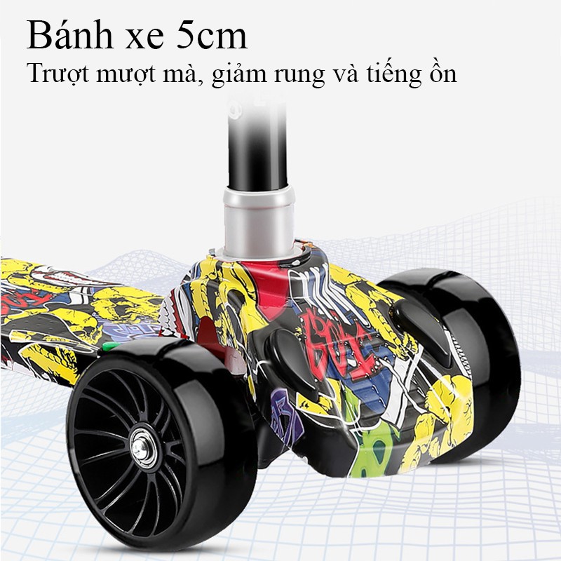 Xe Trượt  Scooter Cho Bé Bánh Có Đèn, 4 Bánh Tăng Diện Tích Tiếp Xúc An Toàn Cho Bé