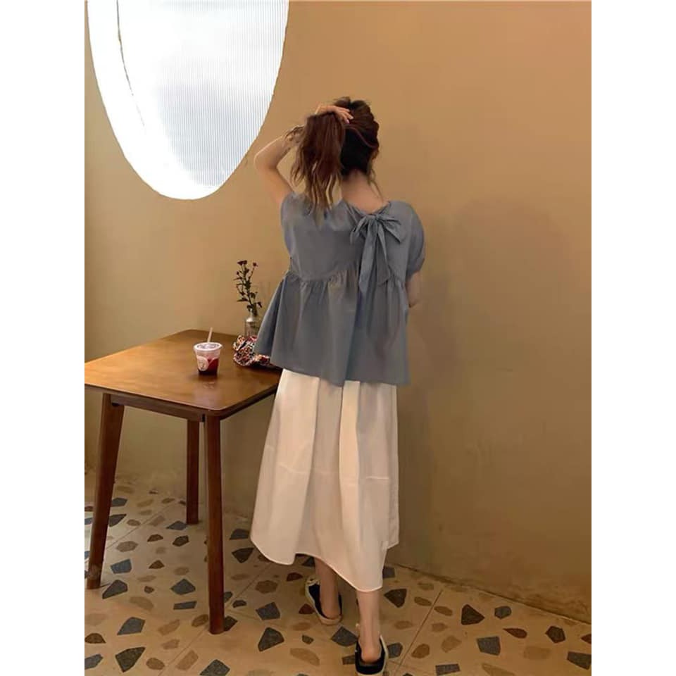 Đồ bộ nữ set áo baby doll xanh kèm chân váy trắng vitage