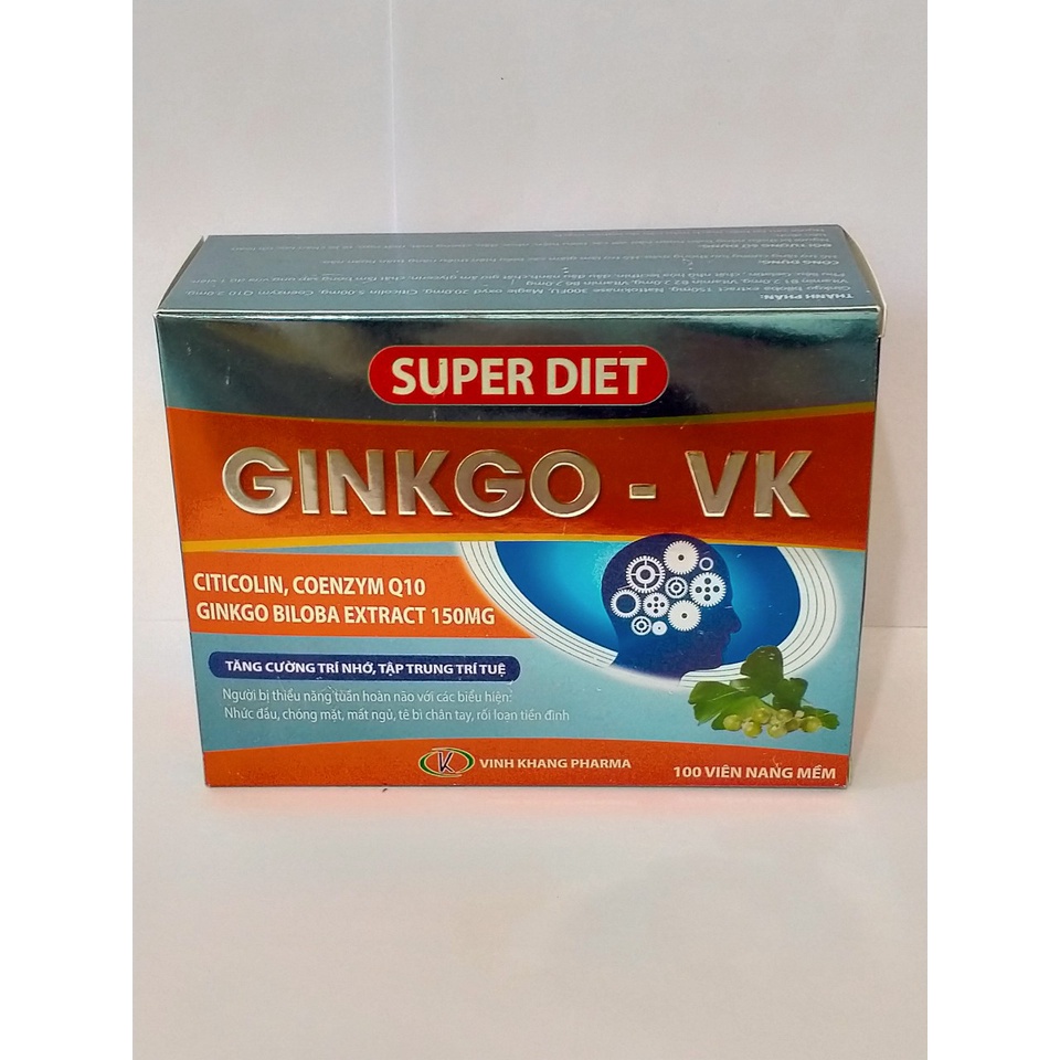 Viên bổ não GINKGO VK Hộp 100 viên hỗ trợ tăng cường tuần hoàn não, tăng cường trí nhớ, hỗ trợ cho người bị mất ngủ