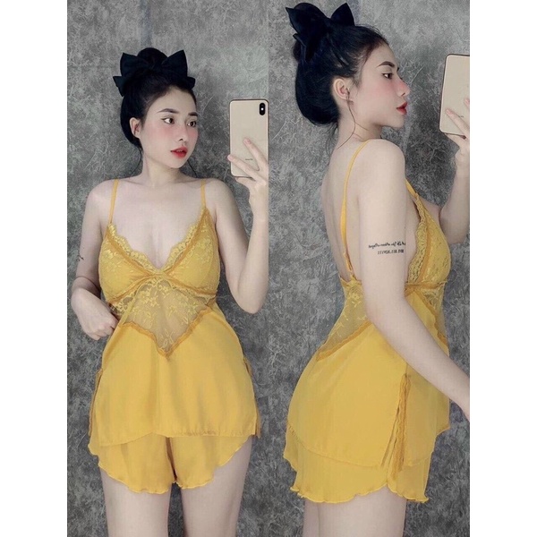 Set bộ ngủ sexy hai dây lụa satin phối ren có mút cao cấp | BigBuy360 - bigbuy360.vn