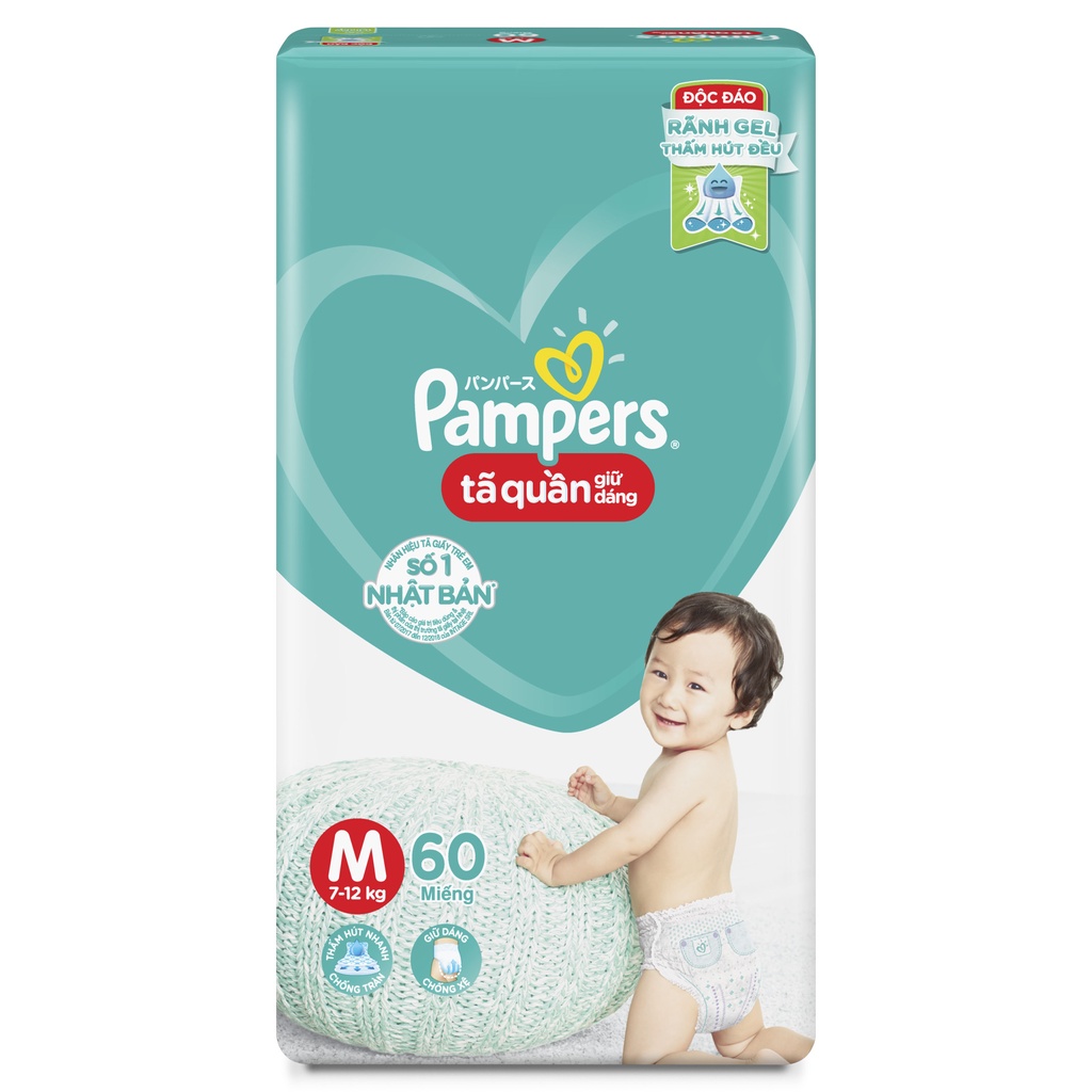 Tã Quần PAMPERS Giữ Dáng Size M60 miếng, 7-12kg/ L54 miếng, 9-14kg/ XL48 miếng, 12-17kg/ XXL44 miếng, 15-25kg