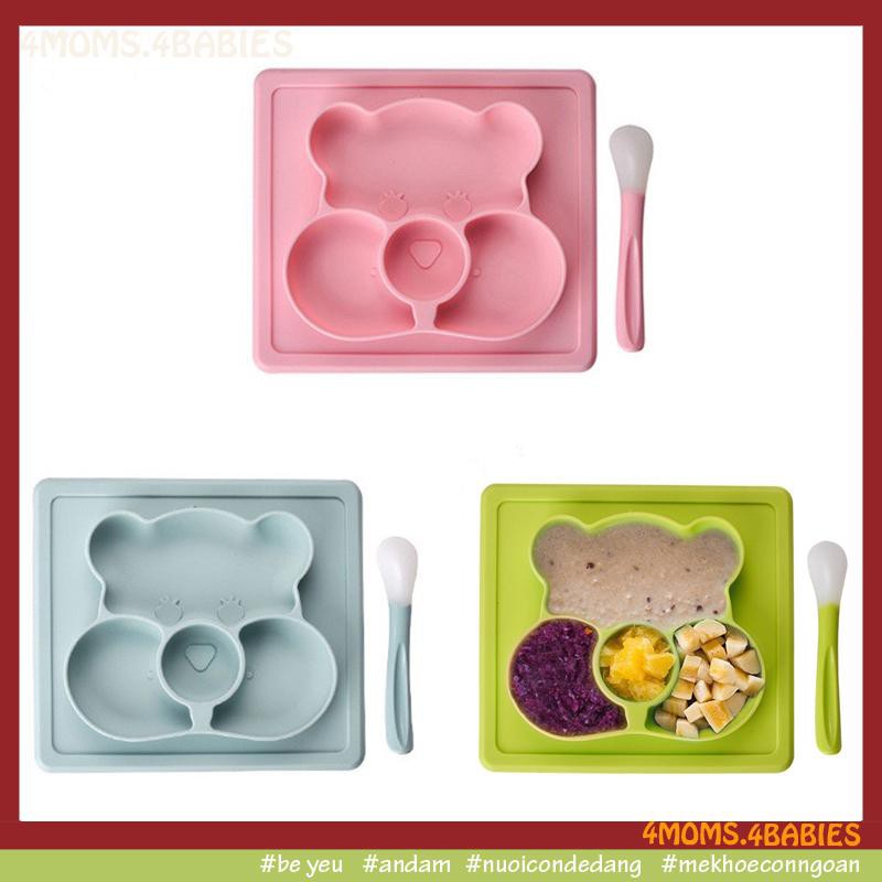 [4MOMS] SET KHAY MUỖNG ĂN DẶM SILICON CAO CẤP 4 NGĂN HÌNH GẤU