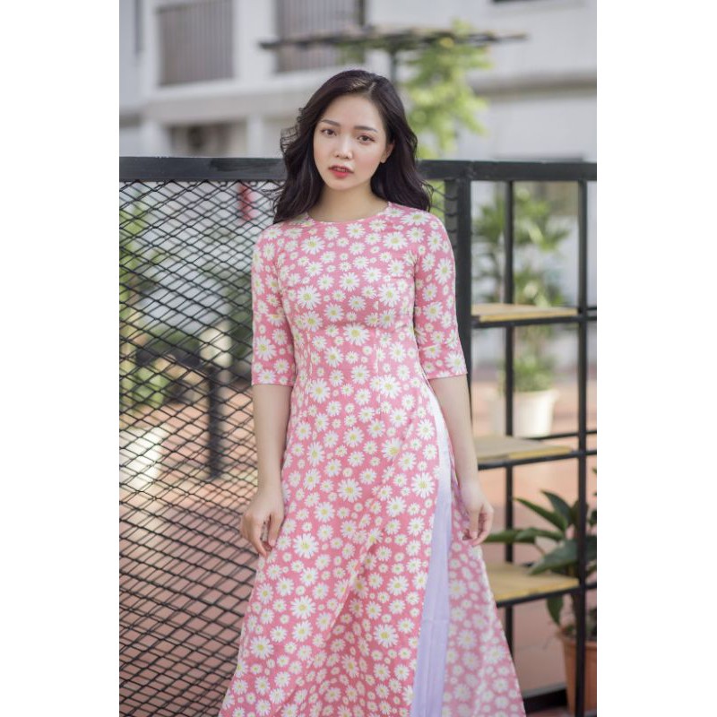 Áo dài cổ tròn - Áo dài truyền thống hoa nhí Trong BST "Ngũ Cúc" - Đã kèm quần AD629