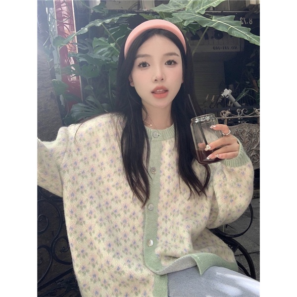 Áo cardigan len, áo khoác thổ cẩm vintage màu xanh lá bánh bèo Hàn Quốc