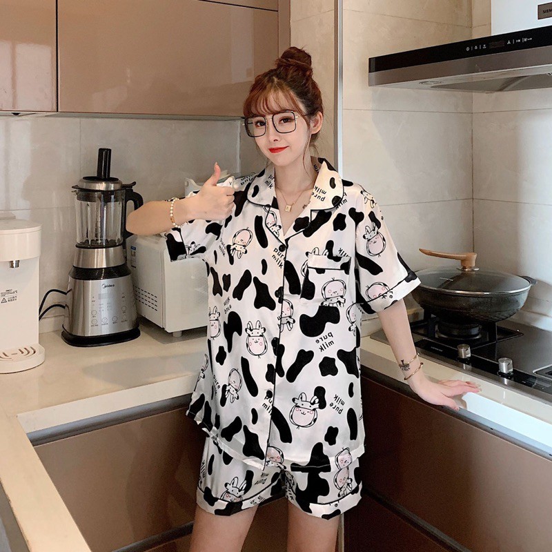 Bộ Ngủ Lụa Mặc Nhà Hoạ Tiết Bò Sữa Đáng Yêu Cực Hot A14